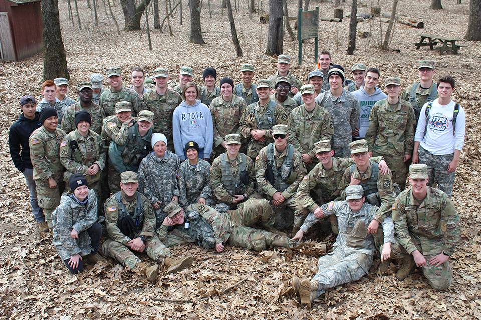 Students from the ROTC program huddled up after the semester field training exercise